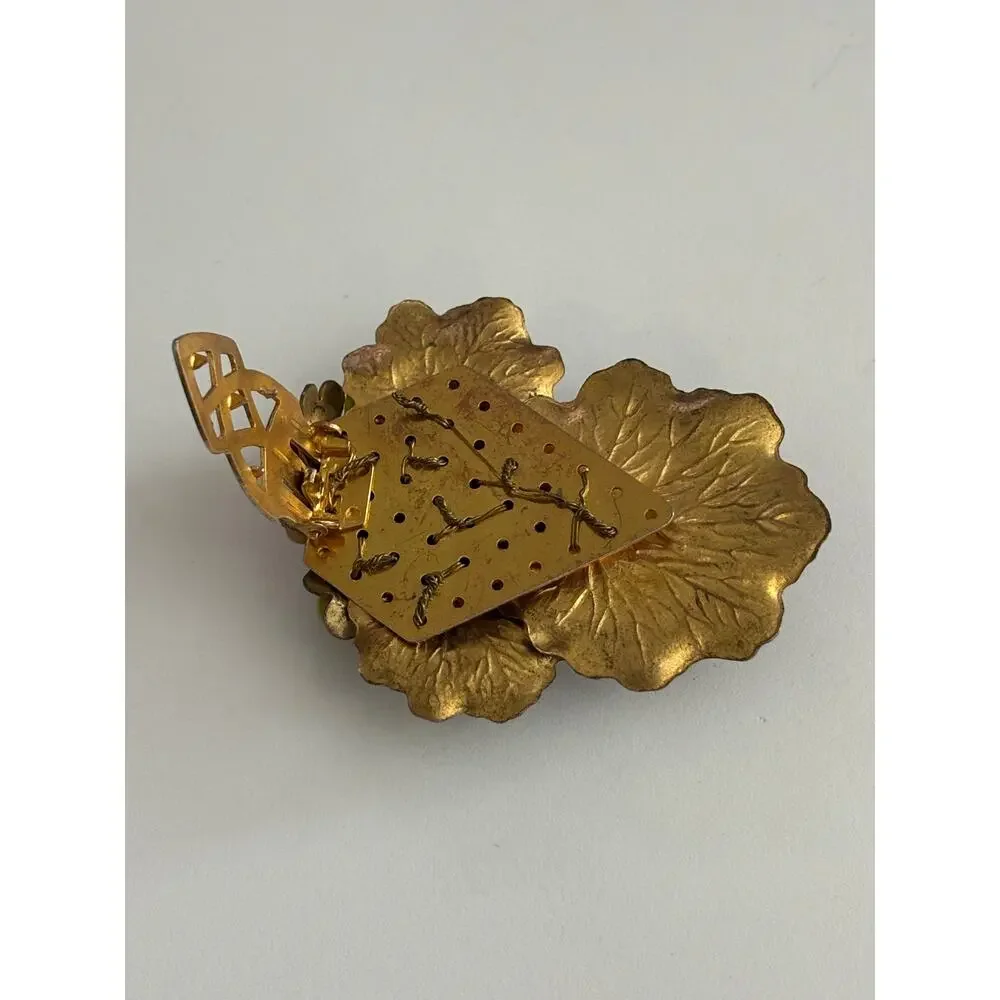 MIRIAM HASKELL by Frank Hess Dress Clip gold tone lily pads earth tone beads
